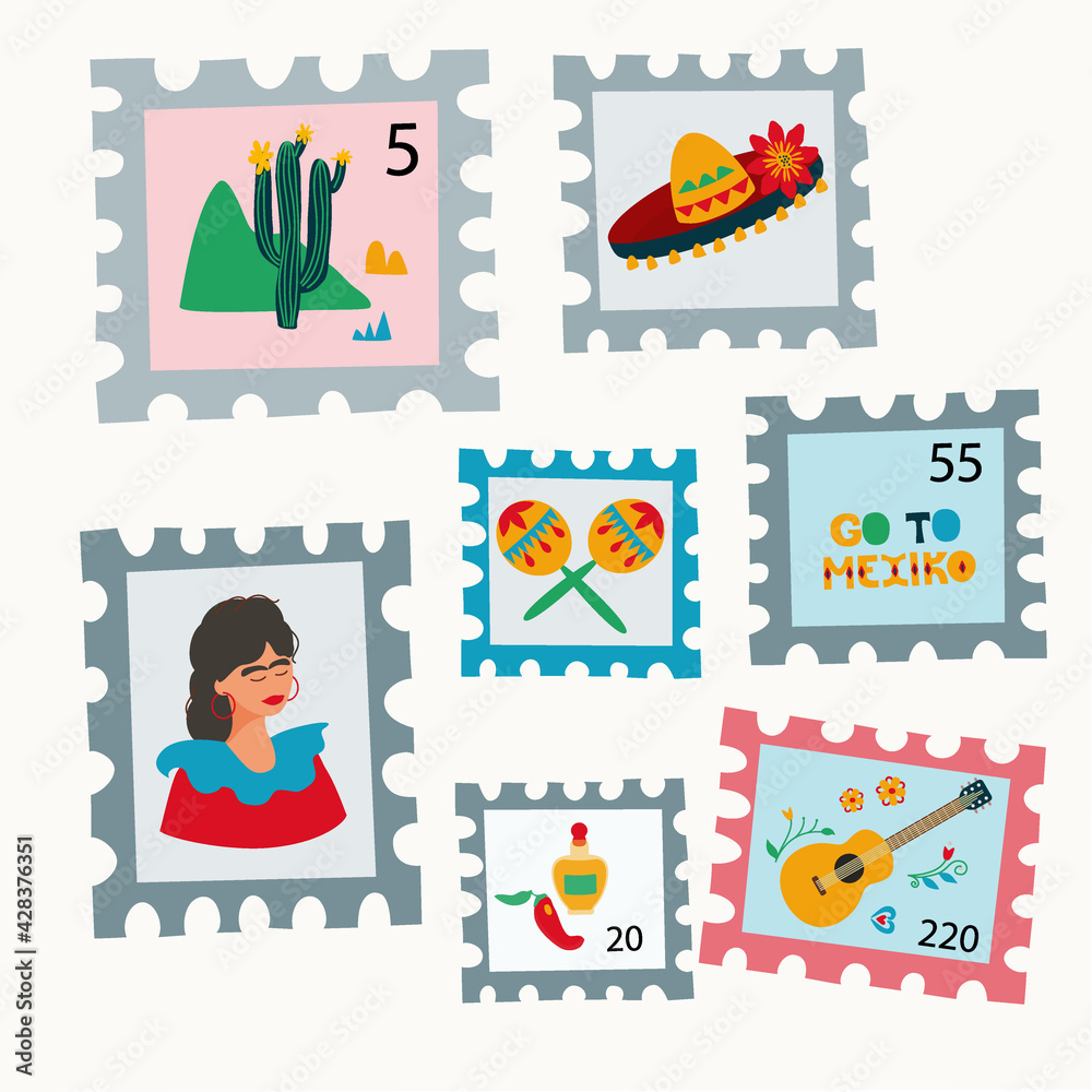 Set of postage stamps with drawings in Mexican style. Sombrero, marocas, cactus, tequila, pepper, hand drawn. Use for packaging, wallpaper, poster, room interior decor,  postcard, concept, clipart