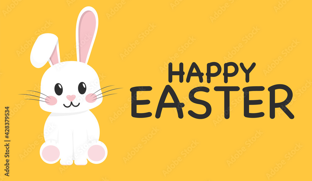 Happy Easter greeting card with white rabbit and inscription. Creative design for social media banner or greeting poster. Happy Easter greeting card with white rabbit and inscription. Creative design for social media banner or greeting poster.