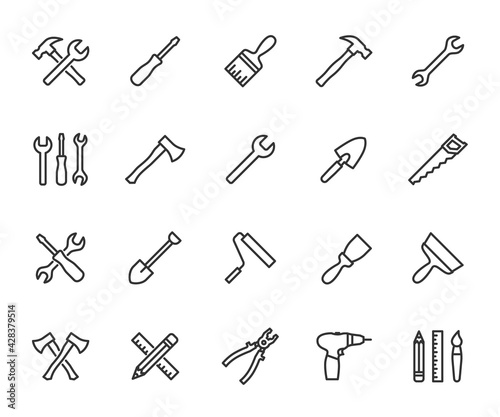 Vector set of tools line icons. Contains icons hammer, wrench, screwdriver, axe, paint brush, putty knife, drill, pliers and more. Pixel perfect.