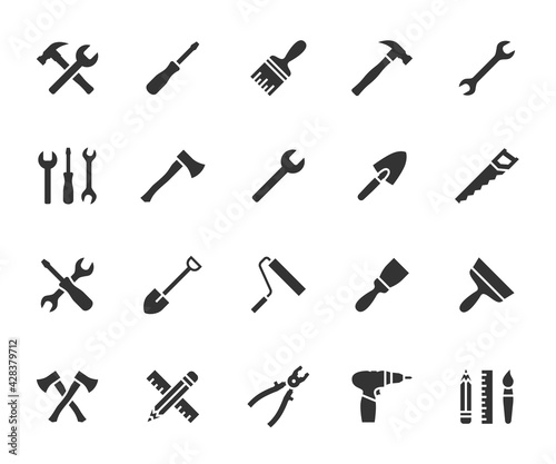 Vector set of tools flat icons. Contains icons hammer, wrench, screwdriver, axe, paint brush, putty knife, drill, pliers and more. Pixel perfect.