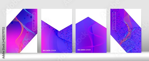 Minimal Covers Set. Big Data Neon Tech Wallpaper. Funky Geometric Music Background 3D