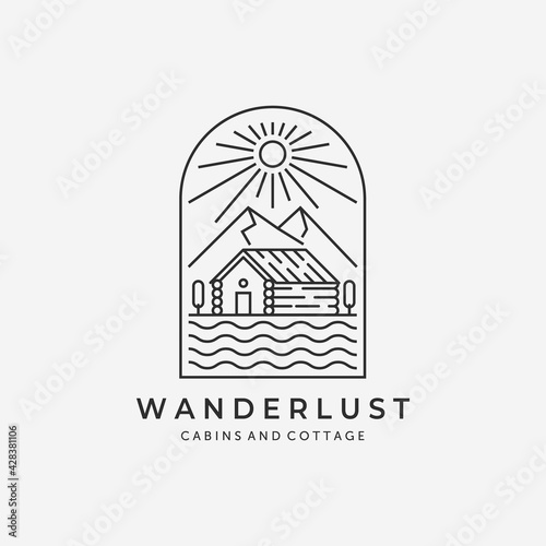 Emblem of Cabin Cottage Line Art Minimalist Logo Mountain Sunburst Vector Illustration Lake River Wave Design