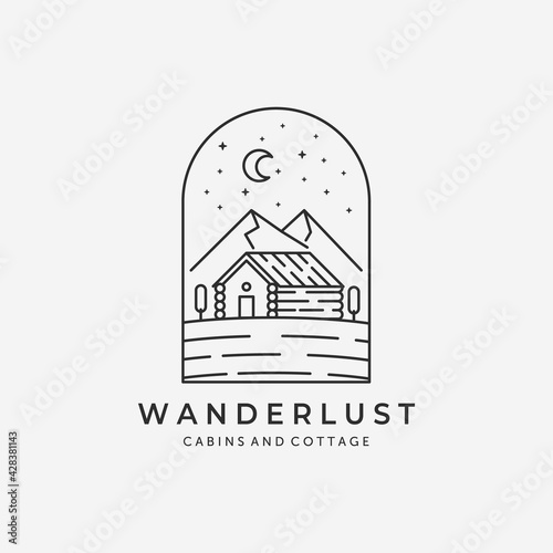 Minimalist Emblem Cabin Logo Cottage Mountain at the Night Vector Line Art Design Illustration