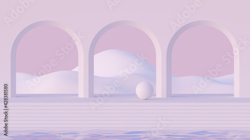 3D mock up mid century style podium with abstract minimalistic arches on water and mountain landscape in light pink palette. Stylish trendy geometric background for product presentation. 