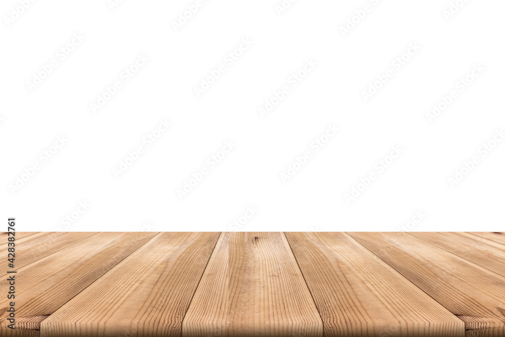 Brown wooden floor perspective angle with a blank white background.