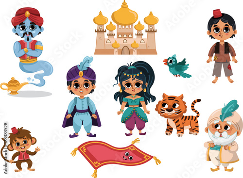 A set of cartoon Aladdin. Cute Aladdin Clip art, Cute Prince sticker, Jasmine Clip art, Aladdin party, Vector illustration.
