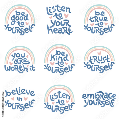 Set of positive thinking quotes promoting self worth and self care