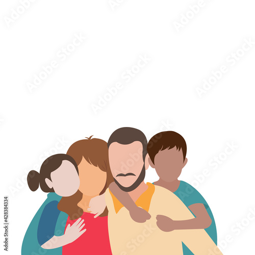 Cartoon character of no face happy family together: Daughter hug mother,son holding the back father. Happy international family with kids -family health and wellness -modern.Vector isolate flat design