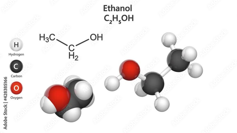 Structural chemical formula and molecular structure of Ethanol (drinking alcohol). Formula: C2H6O or C2H5OH. Chemical structure model: Ball and Stick + Space-Filling. 3D render. White background