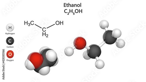 Structural chemical formula and molecular structure of Ethanol (drinking alcohol). Formula: C2H6O or C2H5OH. Chemical structure model: Ball and Stick + Space-Filling. 3D render. White background