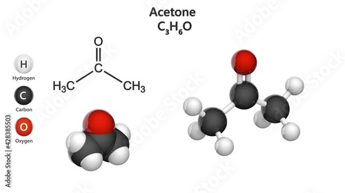 Structural chemical formula and molecular structure of acetone. Formula C3H6O. Chemical structure model: Ball and Stick + Space-Filling. 3D render. Seamless loop. White background.