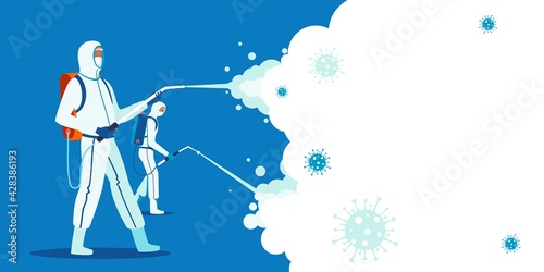 Vector illustration on the theme of medical team spraying to prevent virus epidemic.