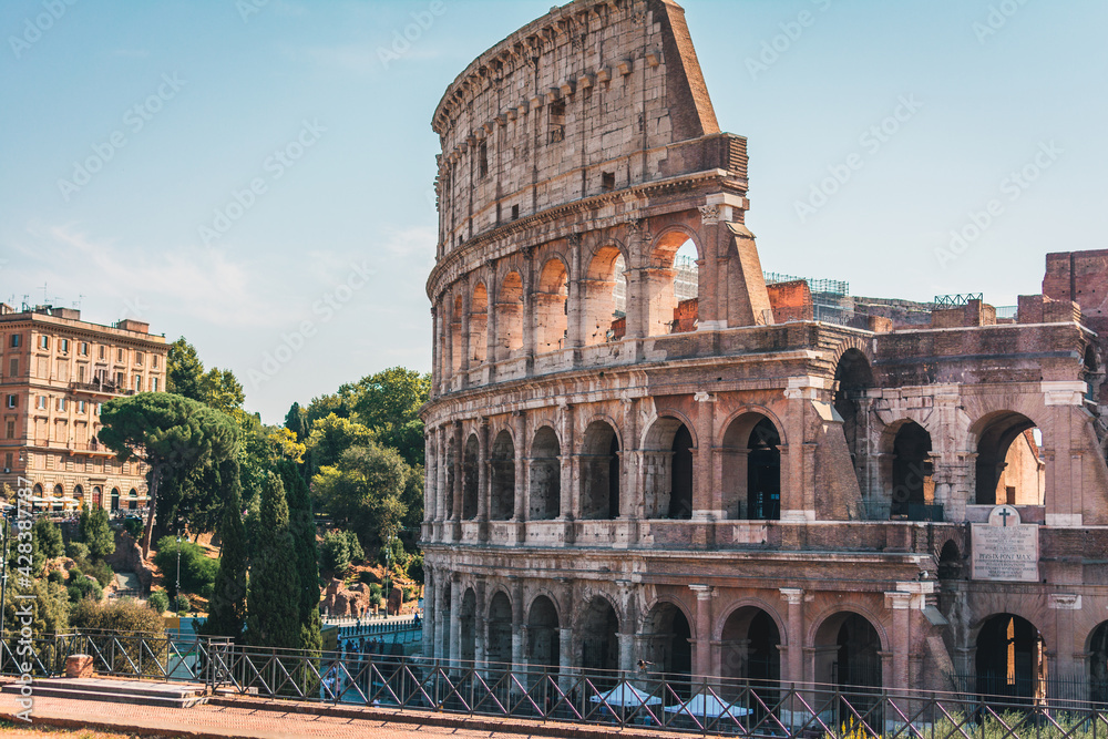 Coliseum, Colosseum, Rome, Italy. Ancient Roman Coliseum is famous landmark, top tourist attraction of Rome. Scenic view of Coliseum with trees and blue sky. Sunny old Coliseum close-up in summer.