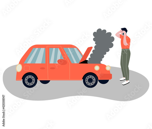 Breakdown of the car  on the road. A man calls the service to help. A defective auto with smoke from the hood. Isolated white background. Flat vector illustration.