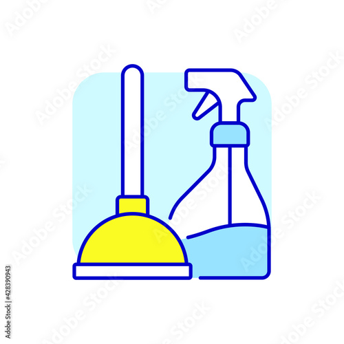 Disinfectant and plunger RGB color icon. Plumbing. Blue background. Thin line customizable illustration. Contour symbol. Vector isolated outline drawing.