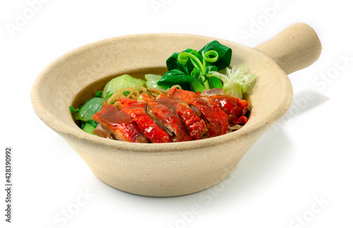 Photography Egg Noodles with Roasted Duck in Clay Pot