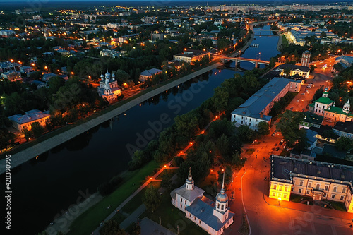 vologda kremlin night, evening panorama landscape, aerial view from drone, architecture russia cathedral and church