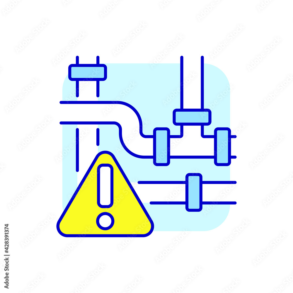 Broken water pipes RGB color icon. Plumbing. Blue background. Thin line customizable illustration. Contour symbol. Vector isolated outline drawing. Broken water pipes RGB color icon. Plumbing. Blue background. Thin line customizable illustration. Contour symbol. Vector isolated outline drawing.