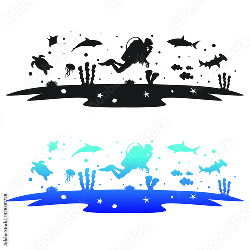 Fototapeta Naklejka Na Ścianę i Meble -  Scuba Illustration Clip Art Design Scene with Animals. Collection Silhouettes Icon Ocean Vector.