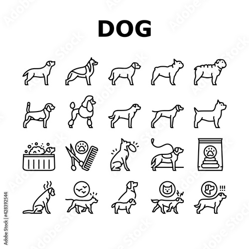 Dog Domestic Animal Collection Icons Set Vector. Yorkshire And Rottweiler, Beagle And French Bulldog, Golden Retriever And German Shepherd Dog Black Contour Illustrations