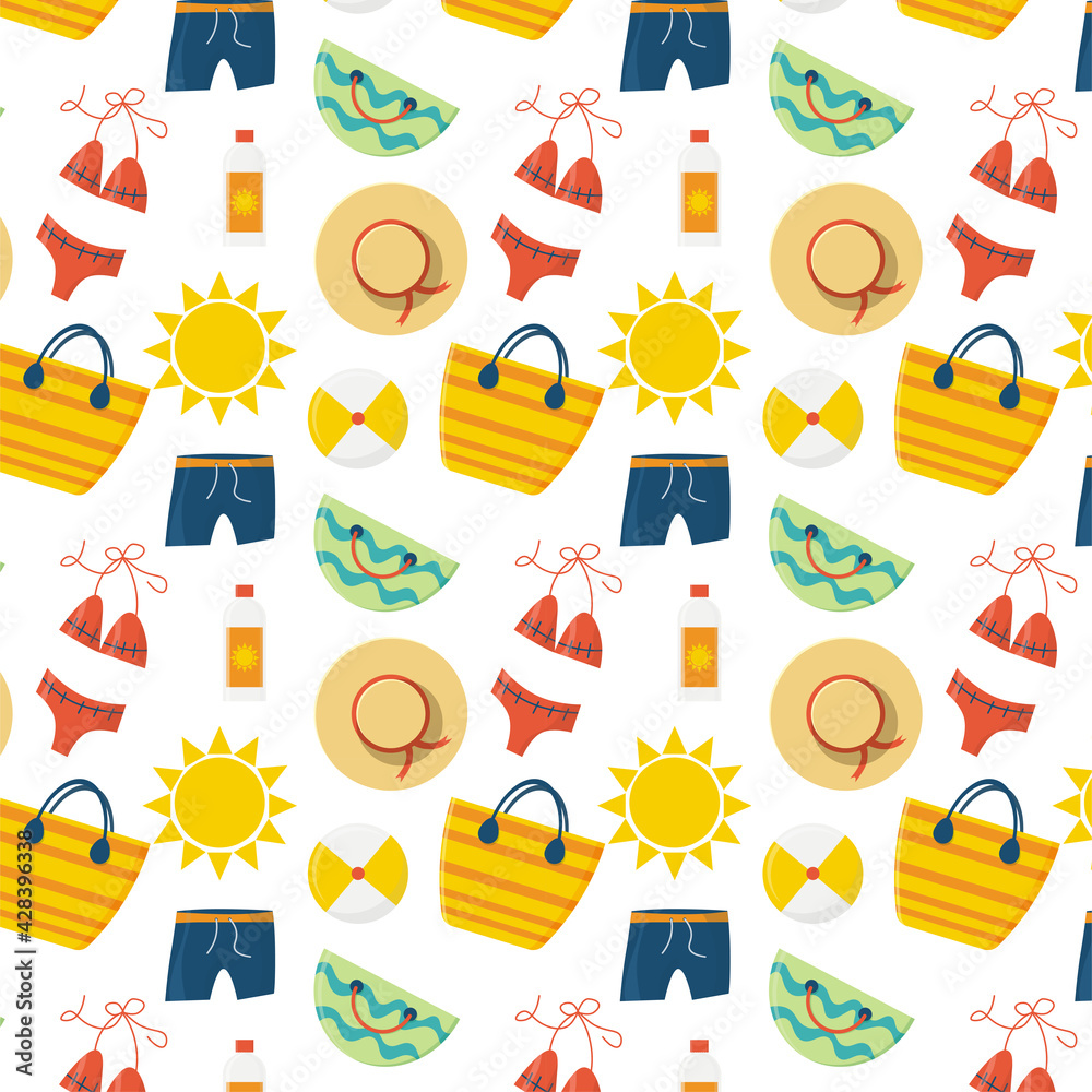 Colorful summer seamless pattern with tropical fruits and ice cream. Vector illustration