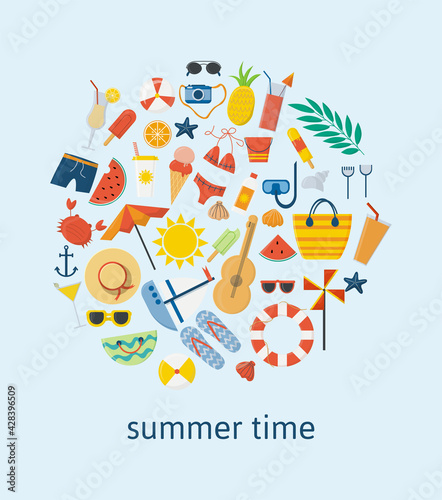 Summer set, accessories. Beach, sunglasses, umbrella, fruit, sunscreen, surfboard, ice cream, soft drinks, slippers. vector illustration