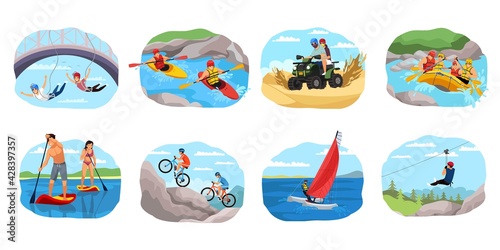 Extreme sport adventure set. People sailing, on bikes, rowing in canoe and kayak, bungee jumping, racing in motorbike. Outdoor risky recreation and exercise vector illustration