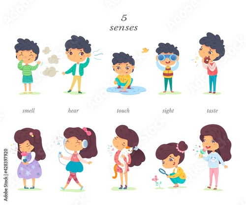Boy and girl showing five senses set. Sense of sight, touch, hear, smell, taste vector illustration. Small happy children in nature and exploring wonders of spring. Joyful education at childhood