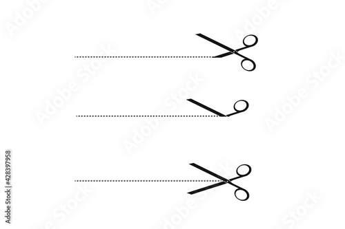 black scissors icon cut line on white background