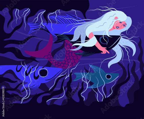Pretty Mermaid with Fish Tail and Flowing Hair Swimming with Marine Animals Vector Illustration