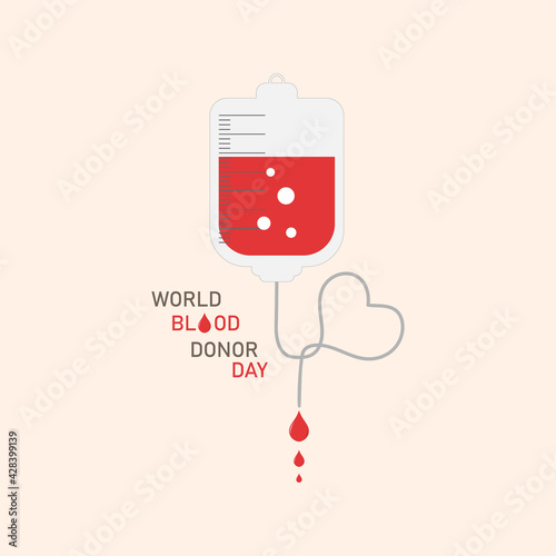 Vector illustration dedicated to world donor day. Dropper with dripping drops of blood and heart.Light beige background. Concept for poster, sign, logo.