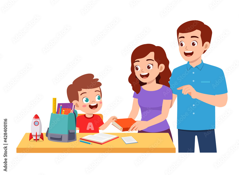cute little boy study with mother and father at home together