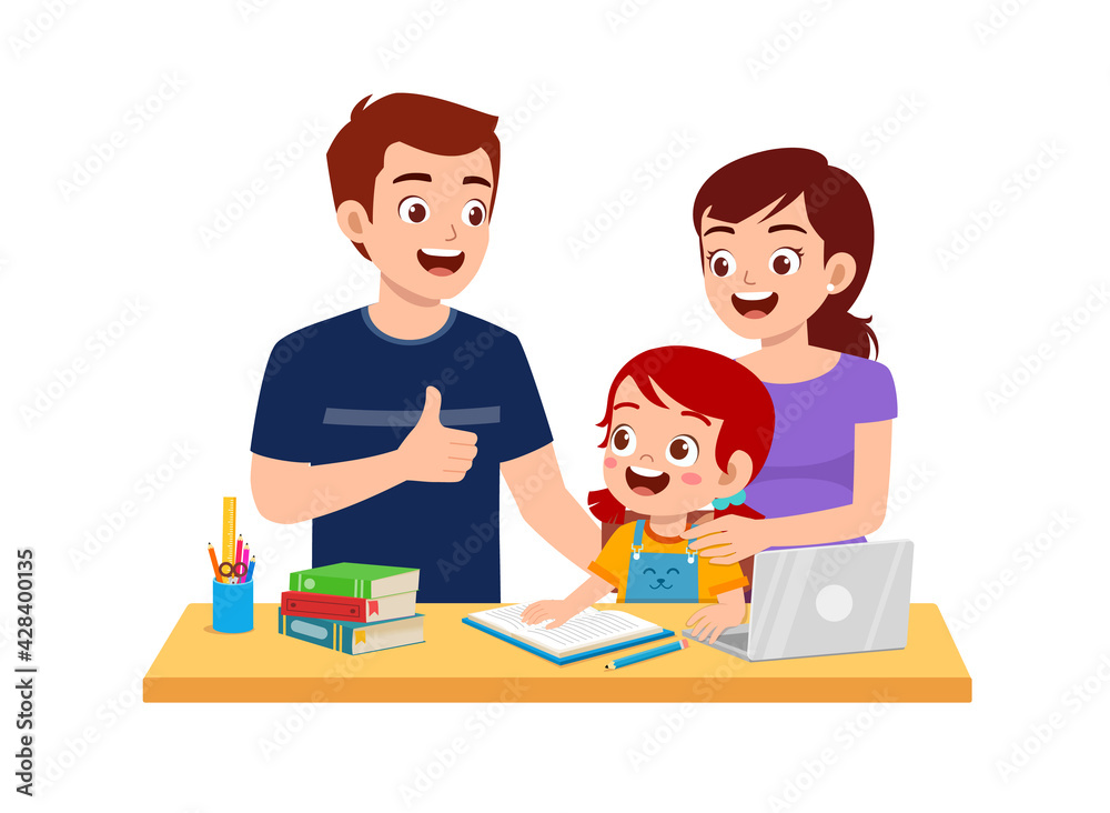 cute little girl study with mother and father at home together