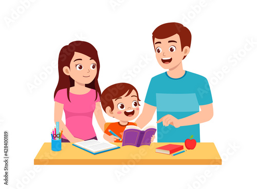 cute little boy study with mother and father at home together