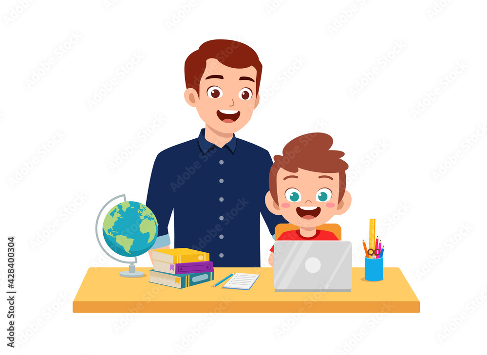 cute little boy study with father at home together