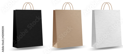 Shopping bag mockups. Paper package isolated on white background. Realistic mockup of craft paper bags.