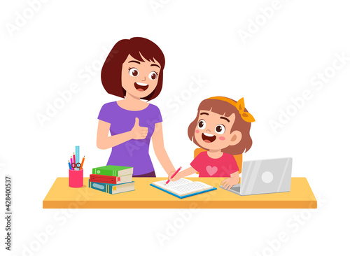 cute little girl study with mother at home together