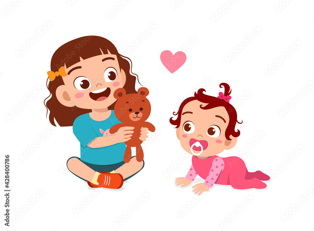 cute little girl play with baby sibling together cute little girl play with baby sibling together
