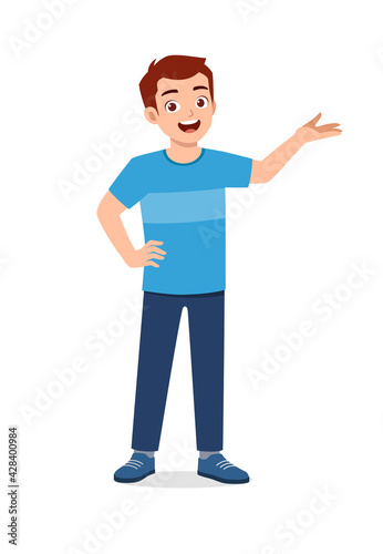 young good looking man doing greet pose and say hi