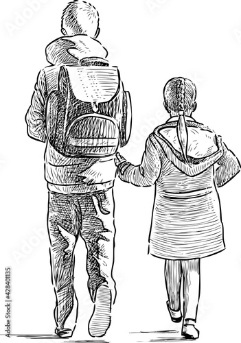 Sketch of brother and sister walking outdoors together