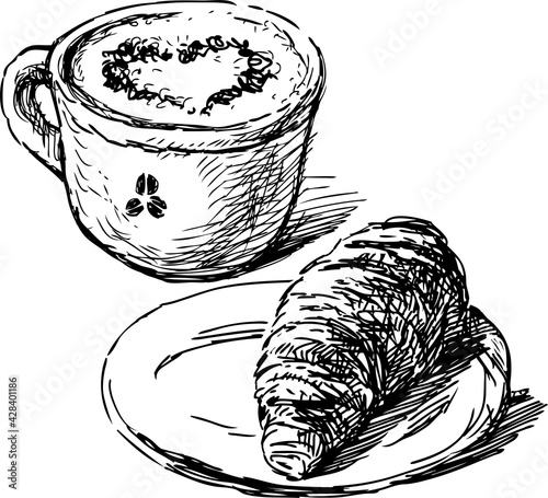 Sketch of coffee cup with cappuccino and croissant on saucer