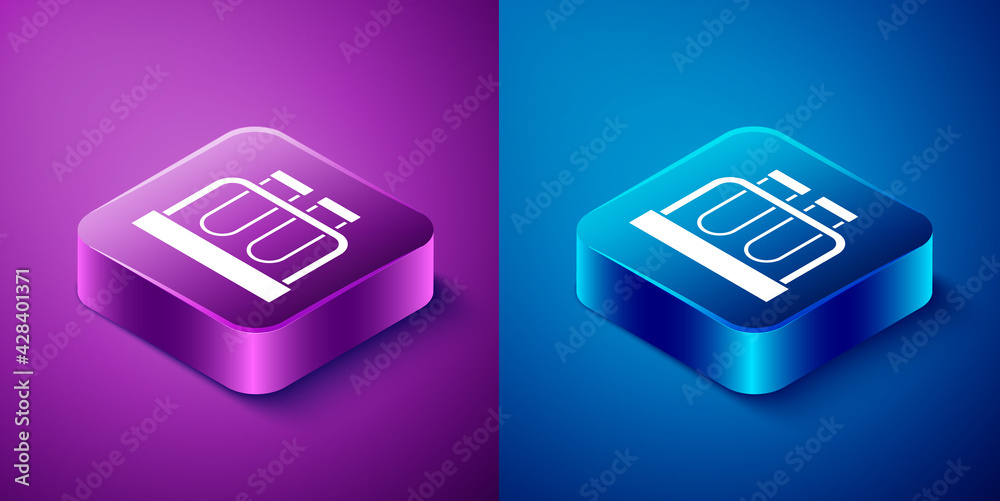 Isometric Test tube and flask chemical laboratory test icon isolated on blue and purple background. Laboratory glassware sign. Square button. Vector Isometric Test tube and flask chemical laboratory test icon isolated on blue and purple background. Laboratory glassware sign. Square button. Vector