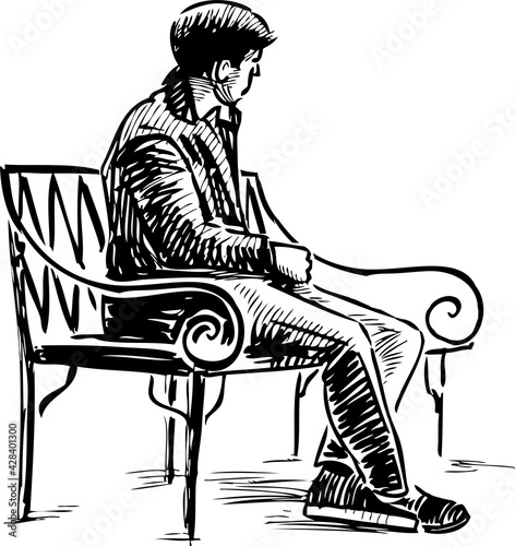 Sketch of young man sitting on park bench alone
