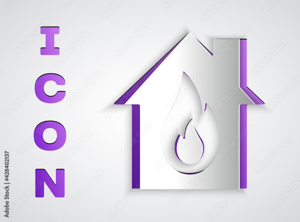 Paper cut Fire in burning house icon isolated on grey background. Paper art style. Vector Paper cut Fire in burning house icon isolated on grey background. Paper art style. Vector