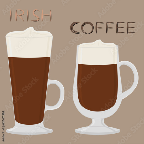 Illustration on theme for cream cocktail Irish coffee in glass cup with foam