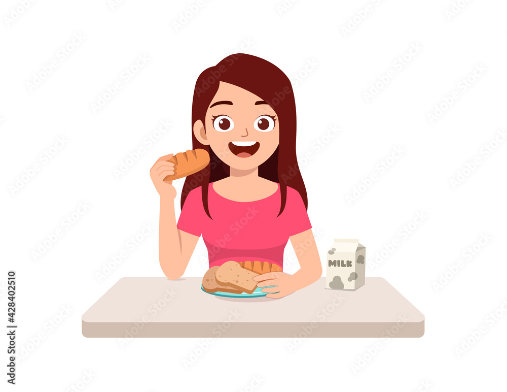 young good looking woman eat bread and drink milk young good looking woman eat bread and drink milk
