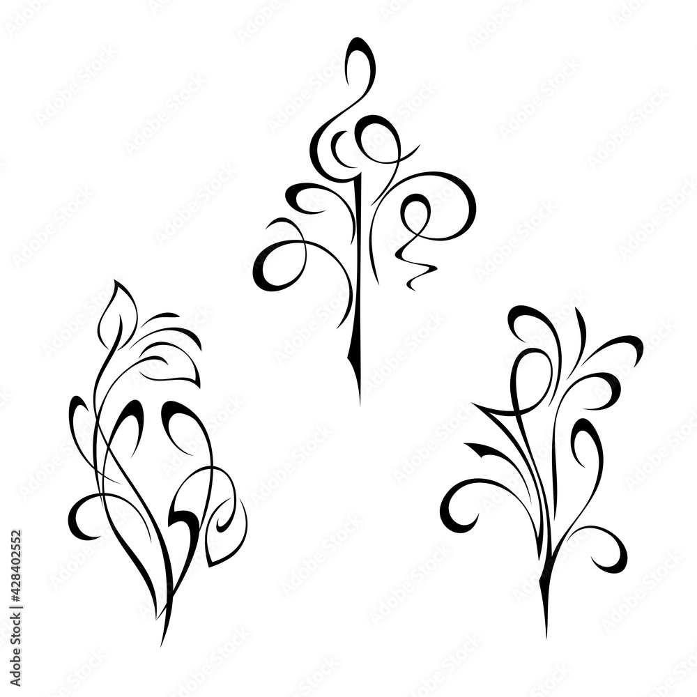 ornament 1701. Three separate abstract decorative elements with curls in black lines on a white background. SET ornament 1701. Three separate abstract decorative elements with curls in black lines on a white background. SET