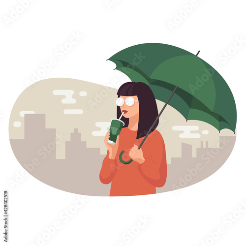 Young woman with coffee and umbrella vector illustration