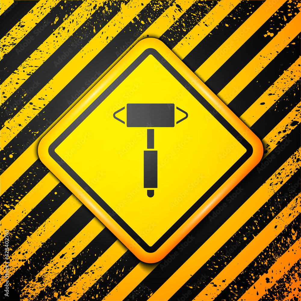 Black Firefighter axe icon isolated on yellow background. Fire axe. Warning sign. Vector Black Firefighter axe icon isolated on yellow background. Fire axe. Warning sign. Vector