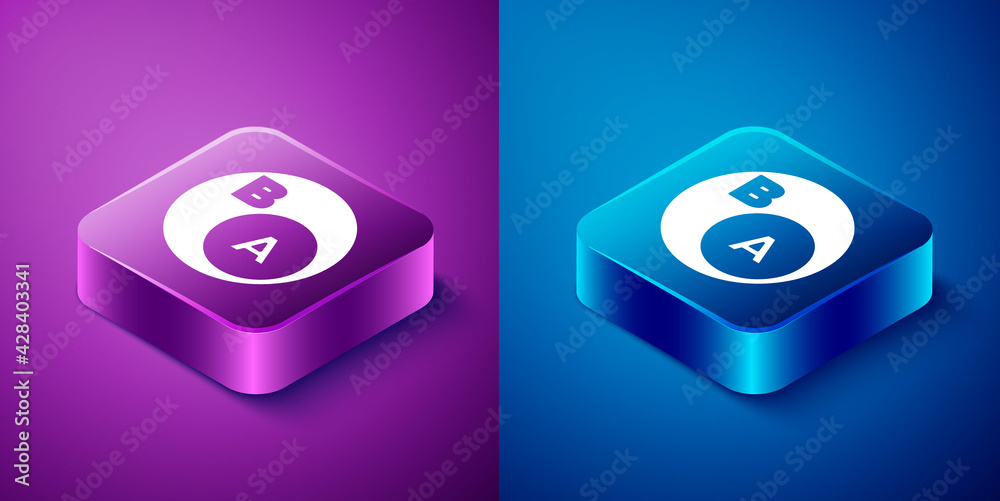 Isometric Subsets, mathematics, a is subset of b icon isolated on blue and purple background. Square button. Vector Isometric Subsets, mathematics, a is subset of b icon isolated on blue and purple background. Square button. Vector